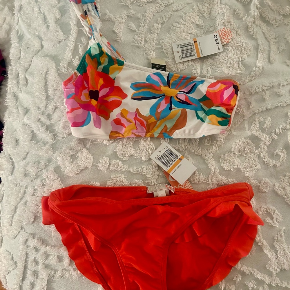Floral Bikini Set with Orange Bottoms